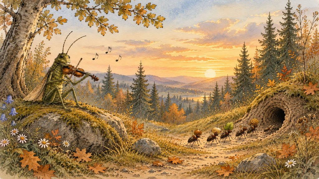 Soft Scandinavian watercolor illustration of a grasshopper playing a fiddle while ants carry food toward their anthill in an autumn forest, with golden evening light, distant mountains, and evergreens.