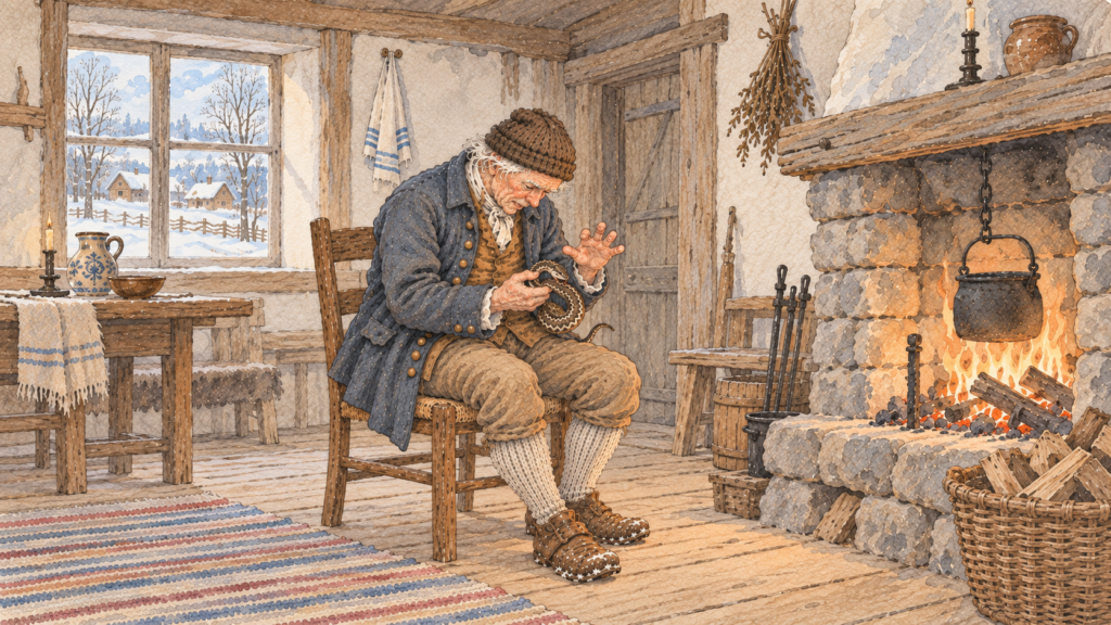 Older Scandinavian farmer seated beside a stone hearth, holding a coiled viper as it revives in his hands, with a snowy Nordic landscape visible through the window. Soft Naturalist Storybook watercolor style.