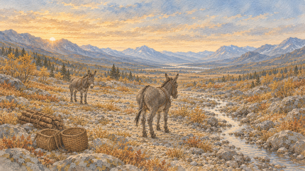 Two donkeys stand beside a shallow stream in a rocky Nordic valley as one urinates toward the unfinished river, with panniers and firewood set aside nearby.