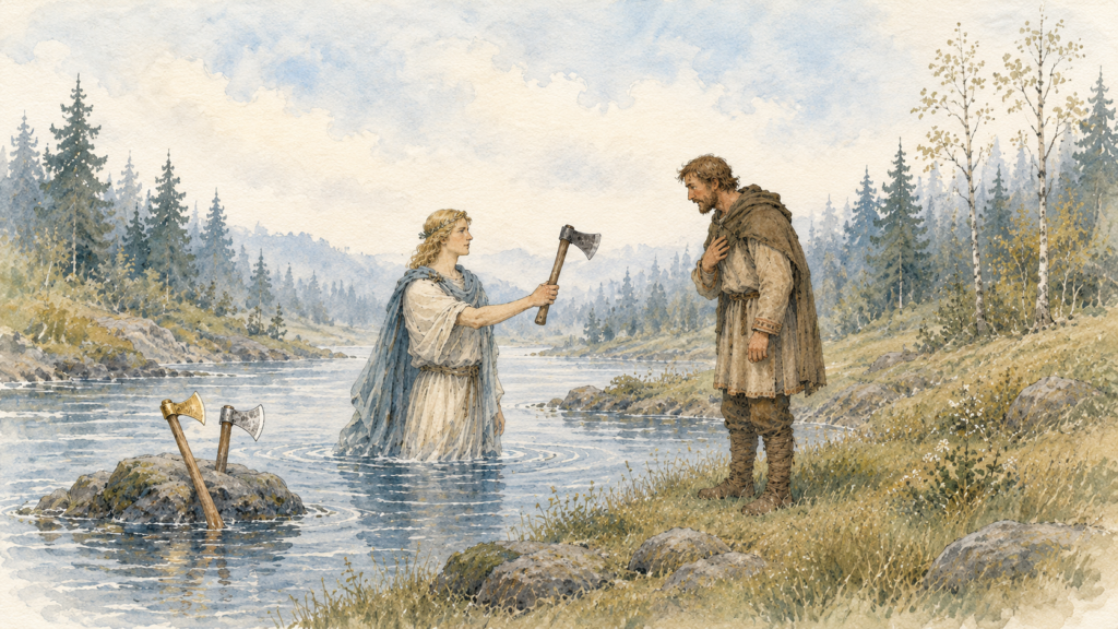 Soft Scandinavian watercolor illustration of Mercury standing in a woodland stream, offering a plain worn axe to a humble carpenter on the grassy bank, while gold and silver axes rest nearby on a rock. The scene uses muted blue, green, and earth tones, fine contour ink, visible cold-press paper texture, and a quiet reflective atmosphere.