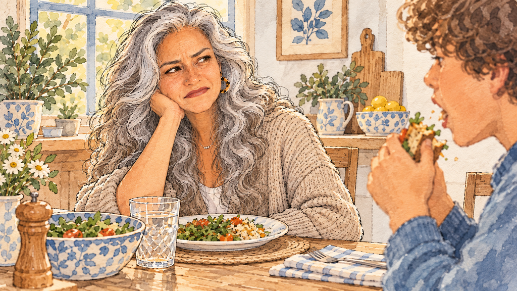 Ink-and-watercolor illustration of a silver-haired woman at a family dining table giving an irritated side-eye to a younger family member chewing nearby, illustrating sensory overload and reduced tolerance from fatigue and stress.
