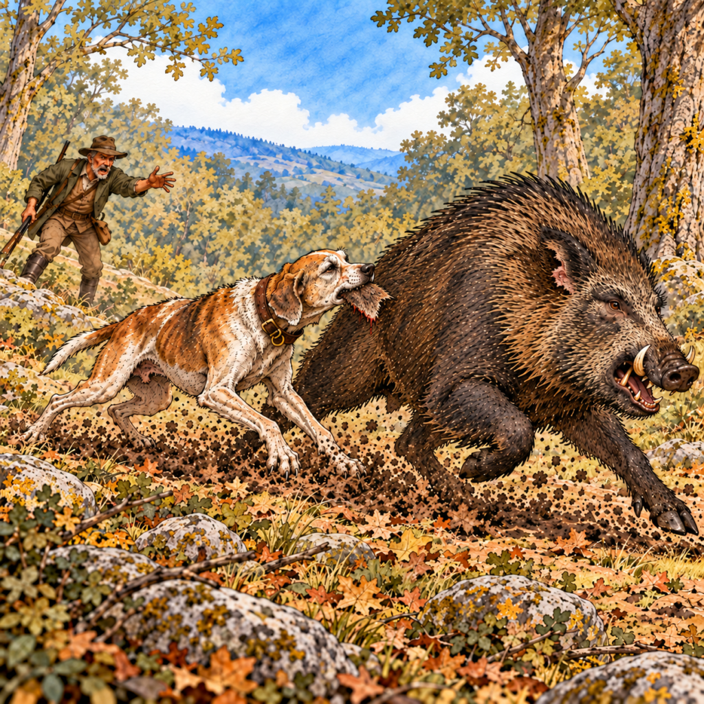 Ink-and-watercolor illustration of Aesop’s old hound straining to hold a wild boar by the ear as the boar pulls away, while the hunter gestures angrily in the background.
