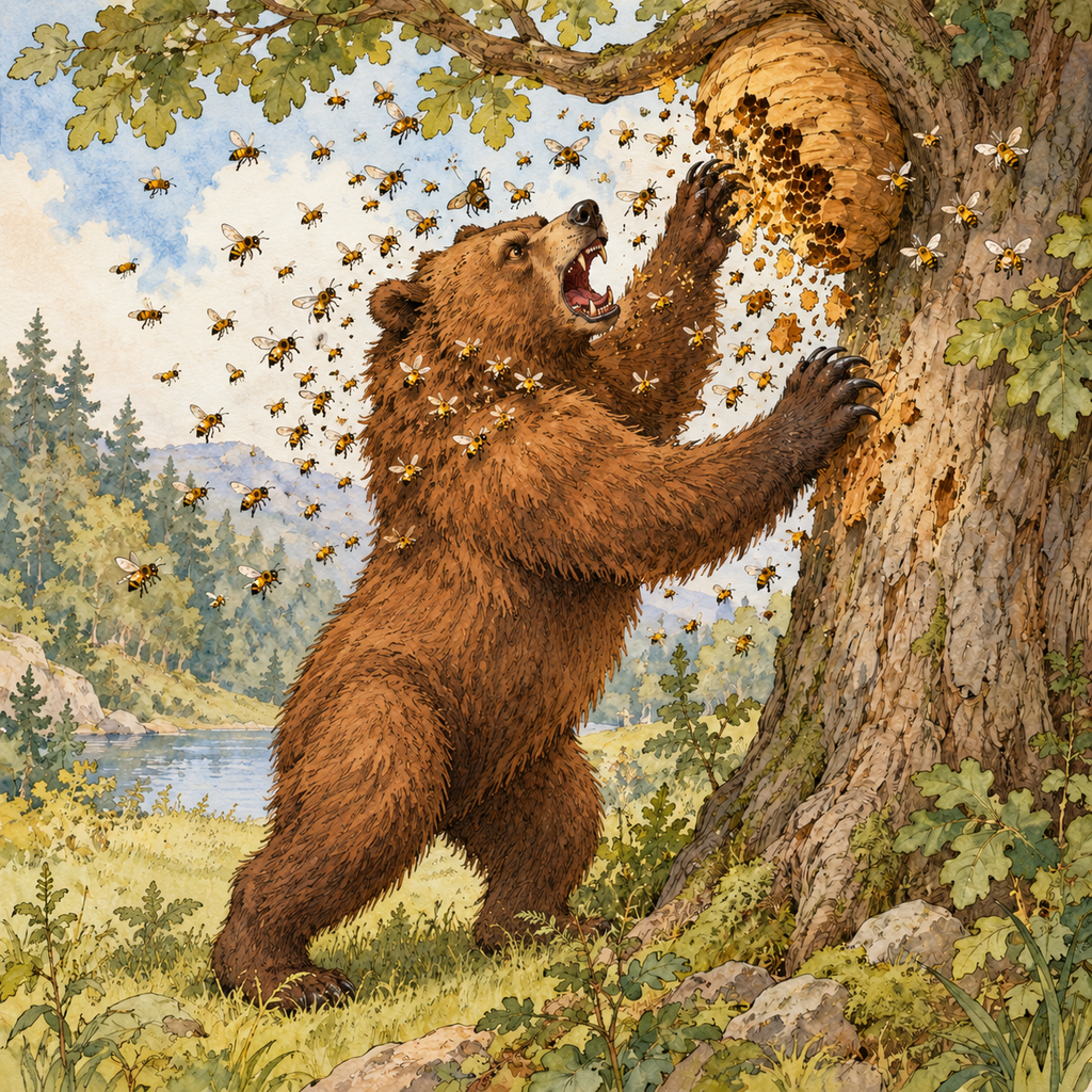 Ink-and-watercolor illustration of an angry brown bear rearing against a tree and tearing into a beehive as a swarm of bees surrounds him.