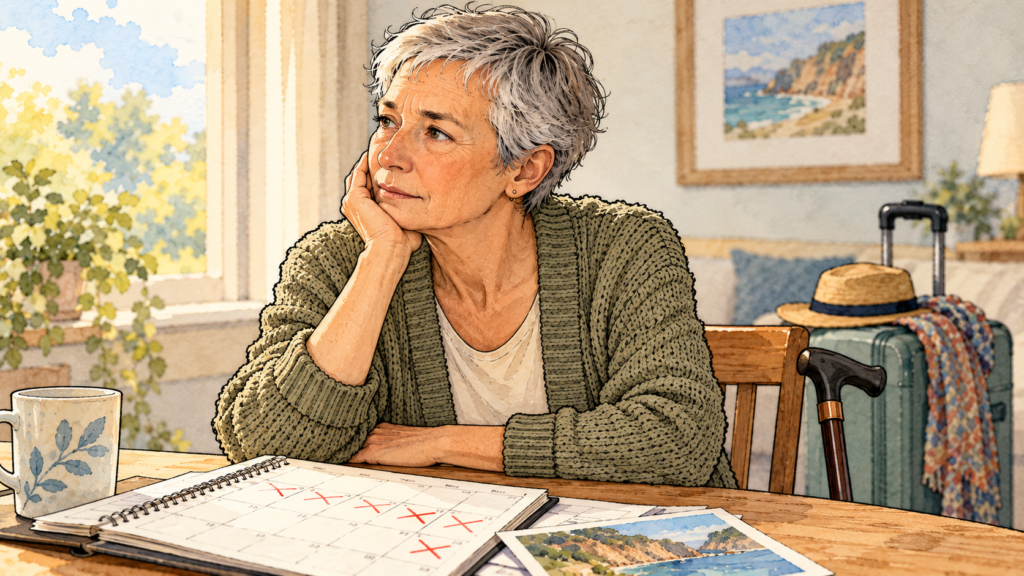 Older woman with very short gray hair sitting thoughtfully at a sunlit kitchen table beside a calendar, bills, medication, eyeglasses, cane, and packed suitcase, suggesting illness, interrupted plans, and a life changed by new limits.