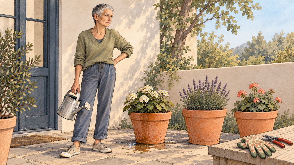 Watercolor-and-ink illustration of a slender older woman with very short gray hair standing on her patio, holding a watering can beside three terracotta flowerpots. The Pinterest headline reads, “Maybe Today Is a 60 Percent Day,” with the subtitle, “Yesterday's energy is not today's promise.”