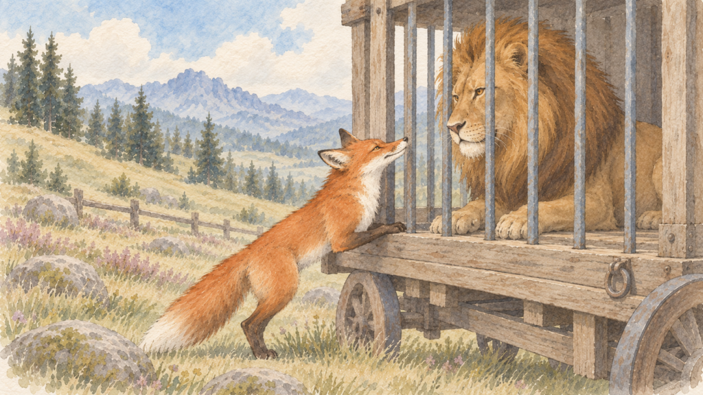 A red fox stands outside a wooden wagon cage and leans toward a lion confined behind iron bars, set in a muted Scandinavian mountain meadow in a soft Naturalist Storybook watercolor style.