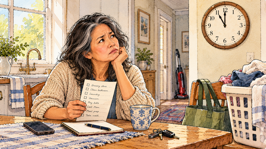 Ink-and-watercolor illustration of an older Asian woman sitting at her kitchen table holding a long to-do list and looking with a furrowed brow at a wall clock showing 11:00 a.m., while laundry, shopping bags, keys, and a vacuum wait around her.