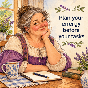 Ink-and-watercolor illustration of a smiling, full-figured older woman with gray-streaked hair in a loose bun, wearing a purple peasant dress. She rests her chin on one hand at a cozy cottage table beside a floral mug and notebook. The quote reads, “Plan your energy before your tasks.”