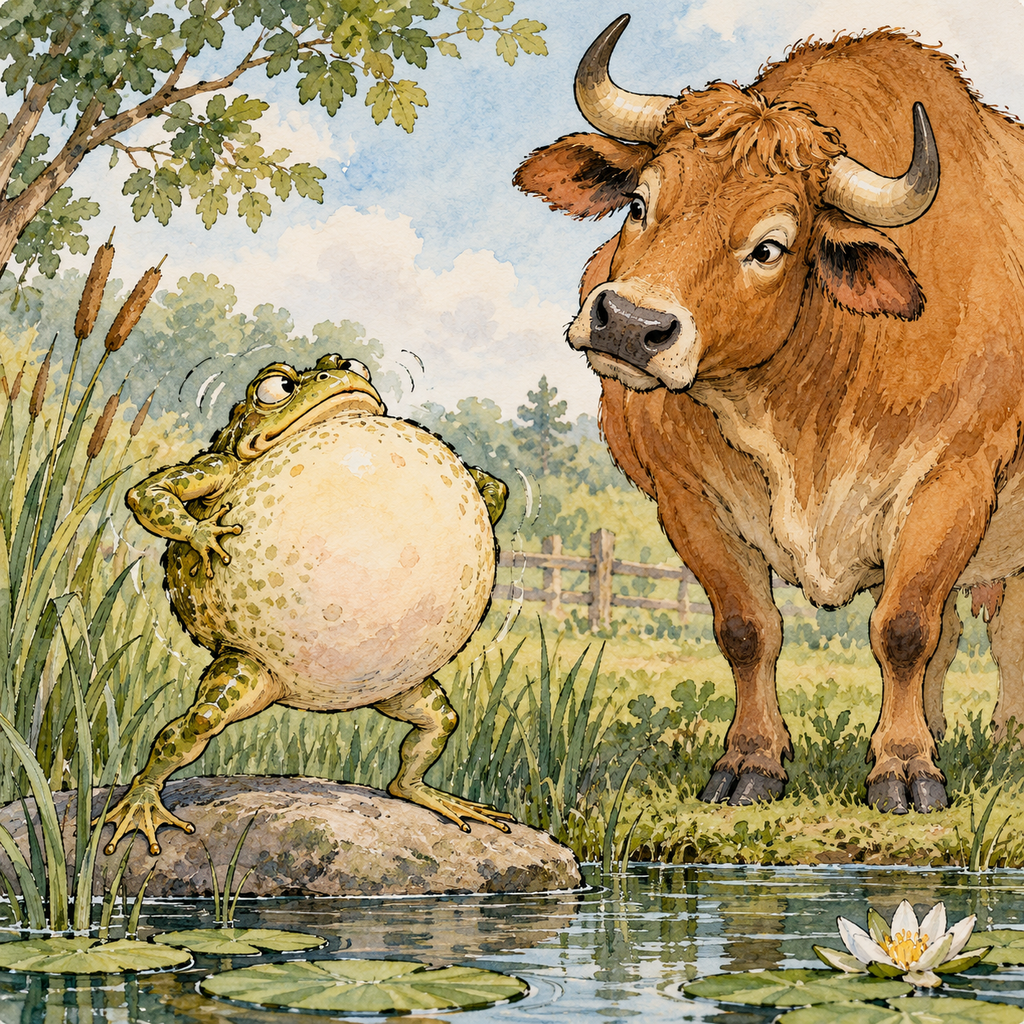 Ink-and-watercolor illustration of an enormously puffed-up green frog standing on a rock beside a pond, desperately trying to match the size of a large brown ox. The ox watches with a puzzled expression in a peaceful countryside setting.