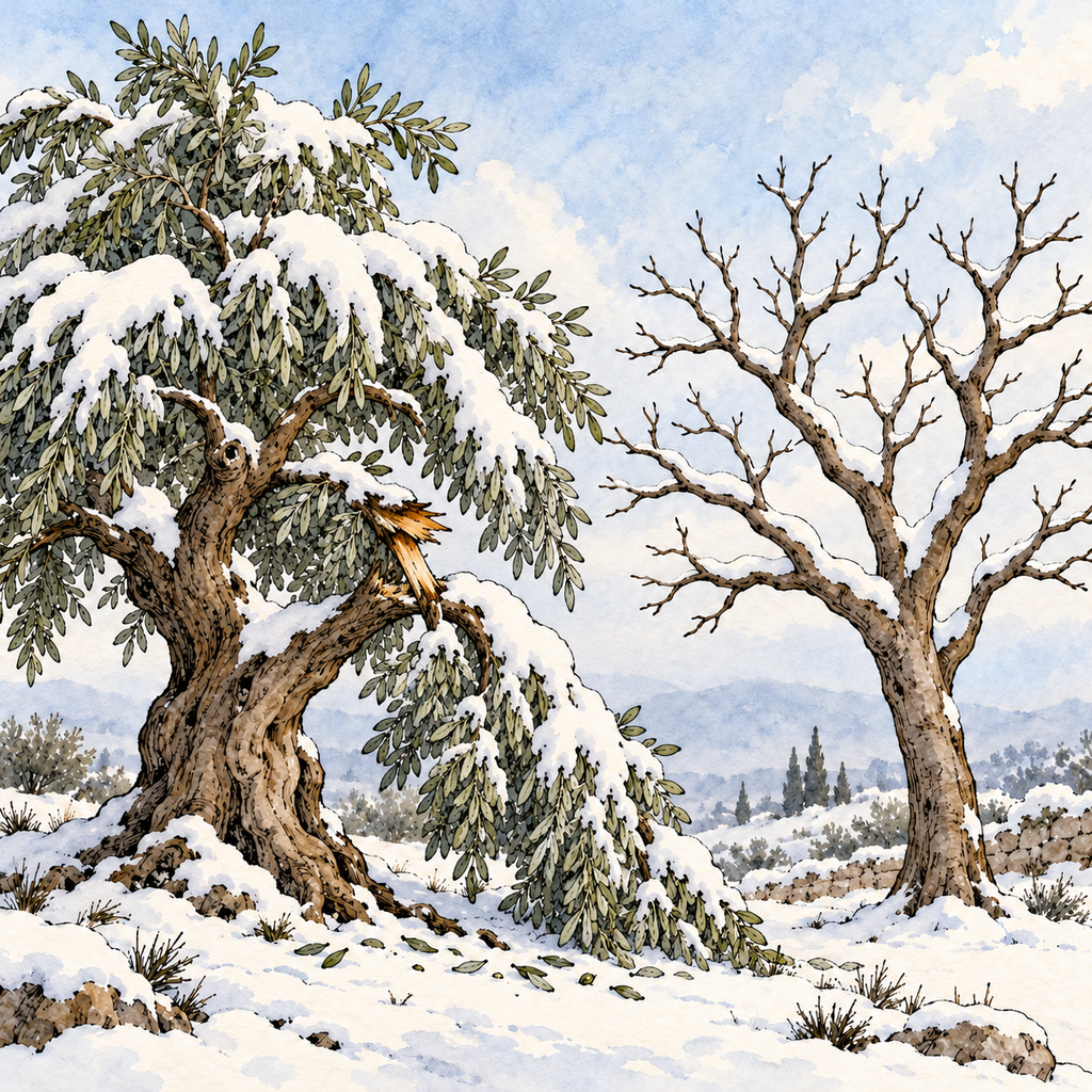 Ink-and-watercolor illustration of Aesop’s The Olive Tree and the Fig Tree. Heavy snow weighs down the leafy Olive Tree, snapping a large branch and exposing splintered wood. Beside it, the bare Fig Tree stands unharmed, allowing snow to fall through its branches.