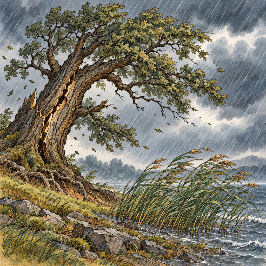 Watercolor-and-ink illustration of Aesop’s “The Oak and the Reed,” showing a massive oak cracking in a fierce rainstorm while tall reeds bend with the wind along the water’s edge and remain rooted.