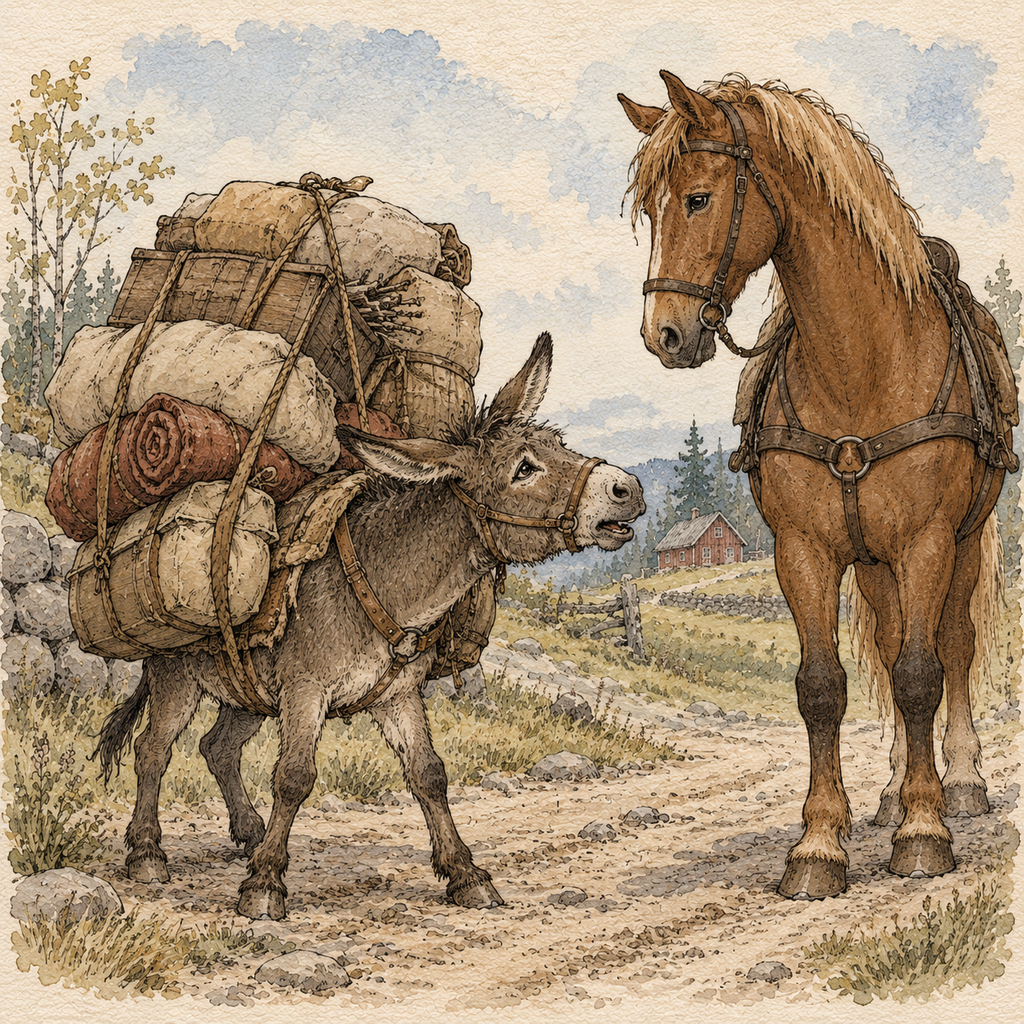 A heavily burdened donkey struggles along a country road while an unburdened horse stands beside him, illustrating Aesop’s “The Horse and the Ass.”