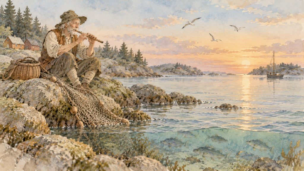 Soft Naturalist Storybook watercolor of an elderly fisherman playing a wooden flute on a rocky Scandinavian shore, with his fishing net beside him and fish swimming undisturbed beneath the clear water at sunset.