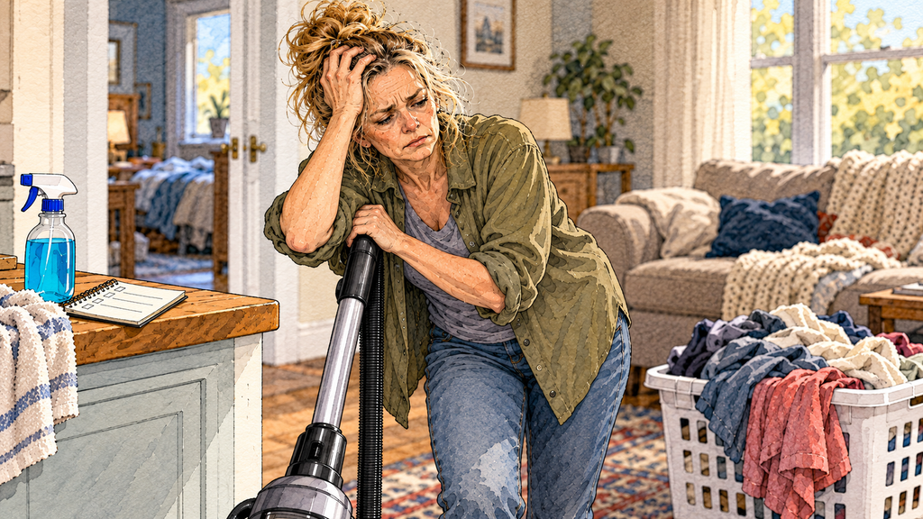 Watercolor-and-ink Pinterest illustration of an older woman paused during housecleaning, leaning on a vacuum with a tired, slightly fed-up expression beside a laundry basket in a lived-in room. The headline reads, “I Feel Like I Should Clean House.”