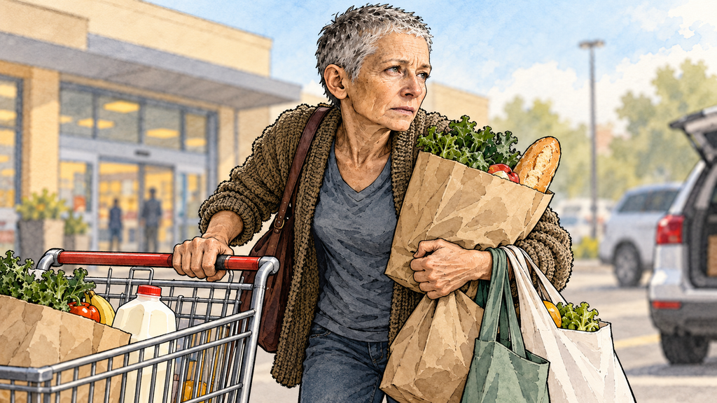 An older woman with very short gray hair carries several grocery bags while pushing a shopping cart outside a store, visibly strained by the load.