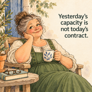 Ink-and-watercolor illustration of Our Lady, a full-figured older woman with rosy cheeks, green eyes, and gray-brown hair in a loose bun. Wearing a green pinafore over a cream blouse, she relaxes in a wooden chair with a knowing smile and a mug in her hand. Beside her, the quote reads, “Yesterday’s capacity is not today’s contract.”
